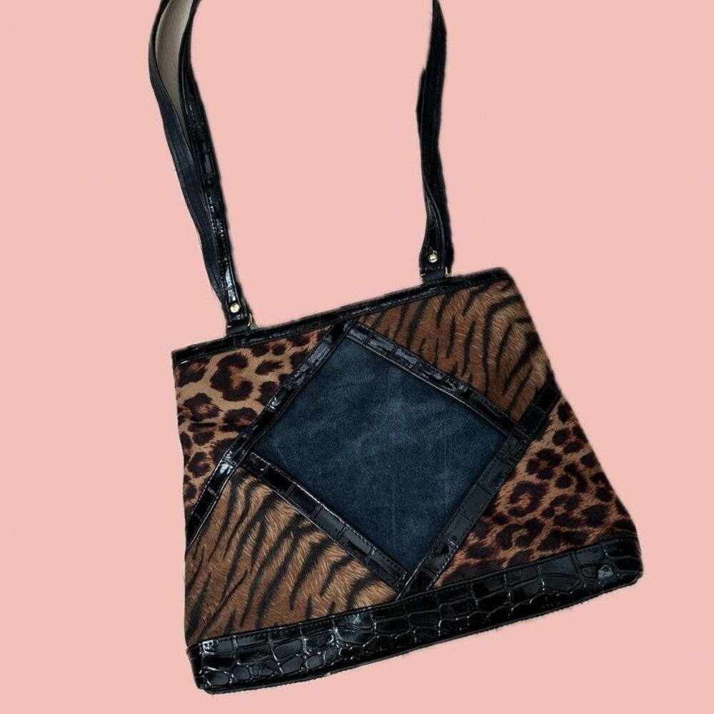 Unique vintage shoulder bag bold mixed animal print leopard and tiger